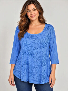 Style & Co Womens 2X Blue Floral Embroidered Tunic Top 3/4 Sleeve Cotton Modal